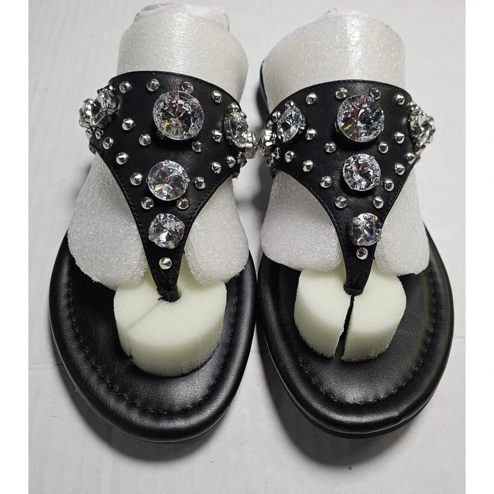 Marc Fisher‎ Womens Black Crystal Studded Thong Sandals Flat Slide Shoes 5.5M